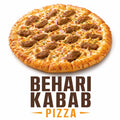Behari Kabab Pizza topped with authentic spicy Behari kabab, mozzarella cheese, fresh onions, creamy sauce, and a golden baked crust