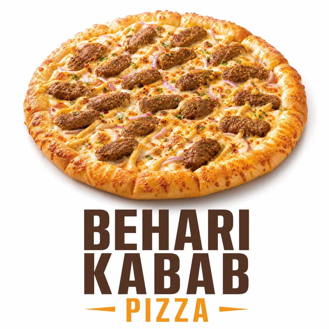 Behari Kabab Pizza topped with authentic spicy Behari kabab, mozzarella cheese, fresh onions, creamy sauce, and a golden baked crust