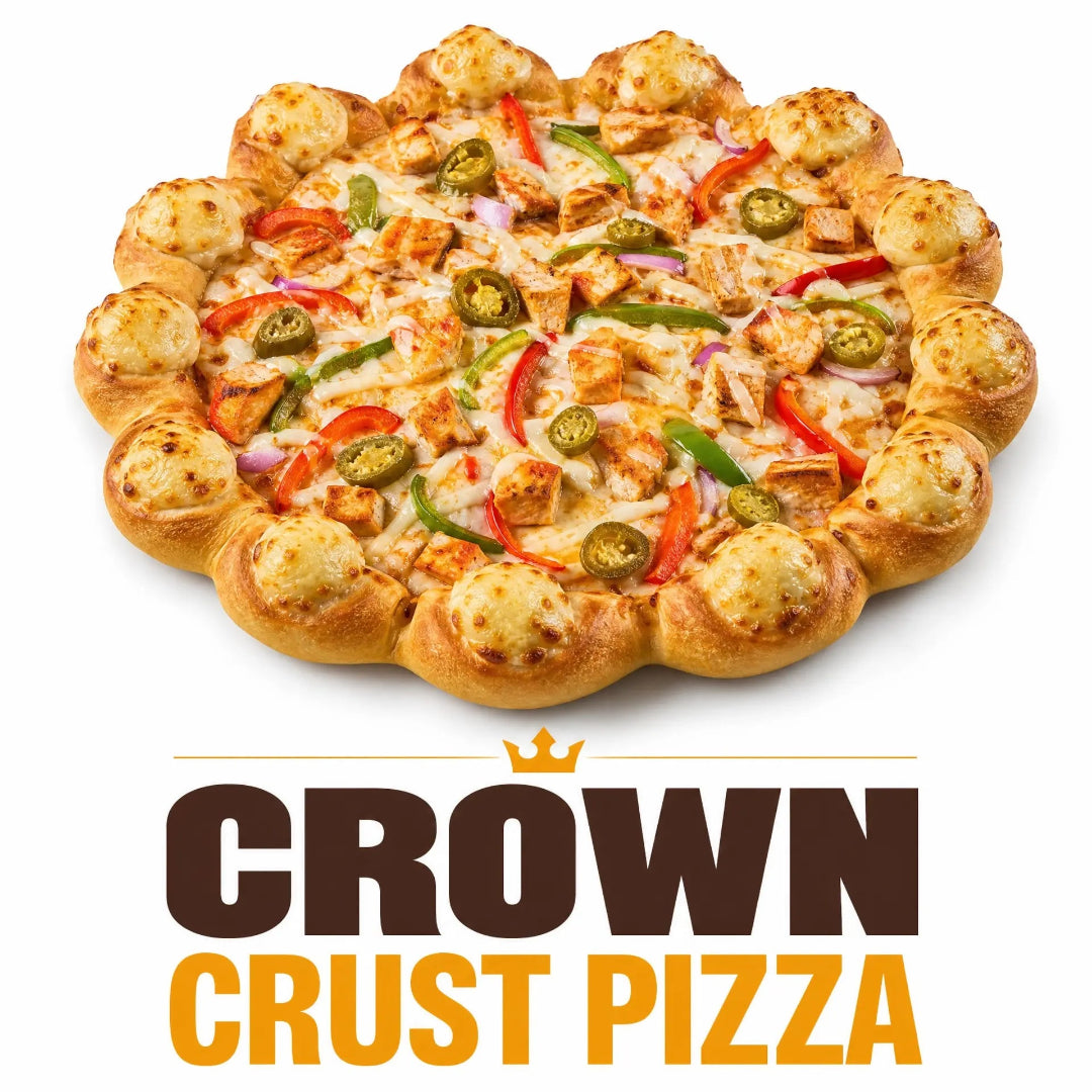 Crown Crust Pizza with cheese-filled crown crust, grilled chicken, mozzarella cheese, jalapeños, onions, and bell peppers