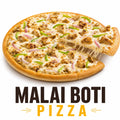 Malai Boti Pizza topped with creamy marinated chicken, mozzarella cheese, green bell peppers, onions, and a golden baked crust