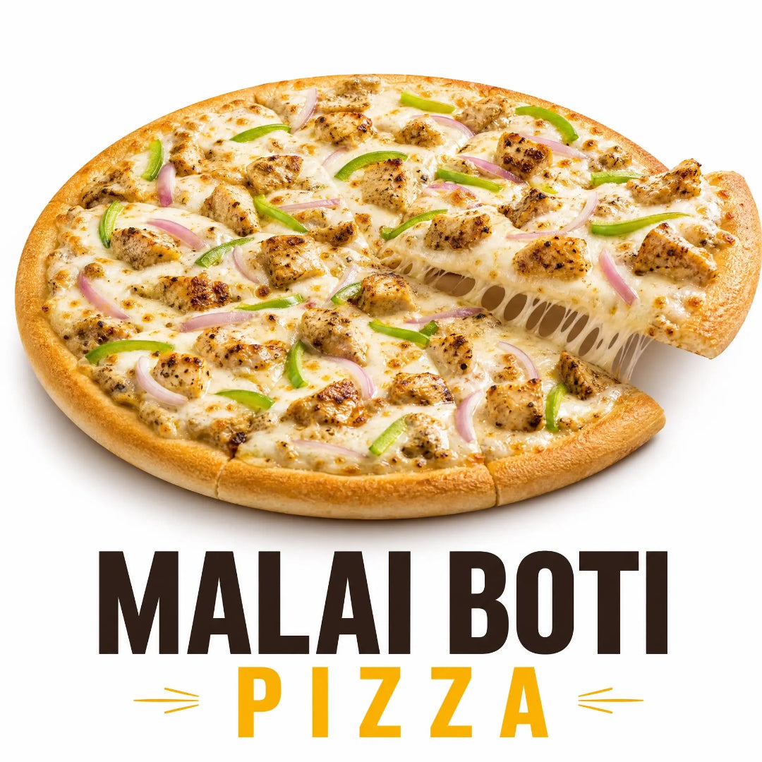 Malai Boti Pizza topped with creamy marinated chicken, mozzarella cheese, green bell peppers, onions, and a golden baked crust