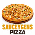 Sauceygens Pizza topped with grilled chicken, mozzarella cheese, black olives, jalapeños, bell peppers, and signature creamy sauce