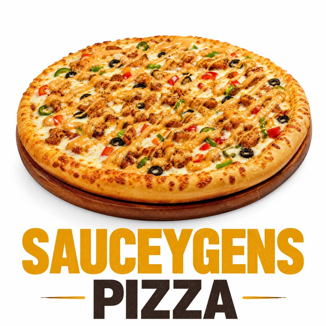 Sauceygens Pizza topped with grilled chicken, mozzarella cheese, black olives, jalapeños, bell peppers, and signature creamy sauce