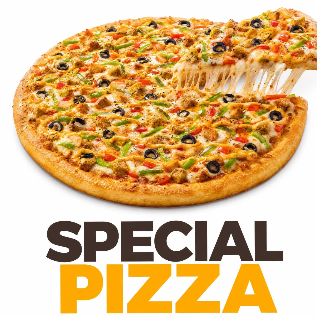 Special Pizza topped with grilled chicken, seasoned beef, black olives, green bell peppers, red capsicum, mozzarella cheese, and signature sauce on a freshly baked golden crust.