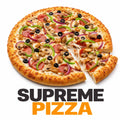 Supreme Pizza topped with grilled chicken, pepperoni, seasoned beef, mushrooms, black olives, onions, green bell peppers, and mozzarella cheese