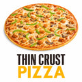 Thin Crust Pizza topped with grilled chicken, mushrooms, green bell peppers, onions, and melted mozzarella cheese