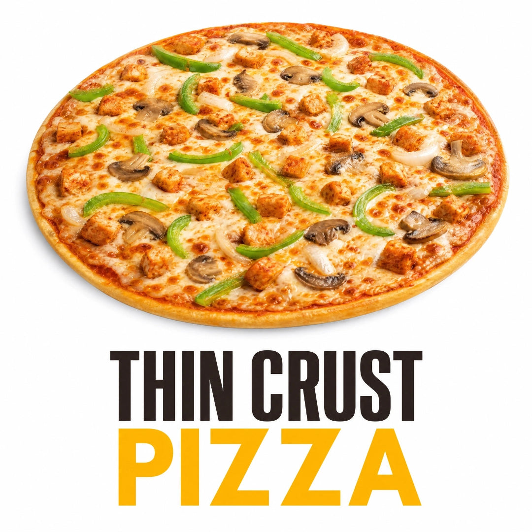 Thin Crust Pizza topped with grilled chicken, mushrooms, green bell peppers, onions, and melted mozzarella cheese
