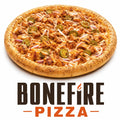 Freshly baked Bonefire Pizza topped with grilled chicken, mozzarella cheese, jalapeños, onions, spicy sauce, and herbs on a golden crispy crust.