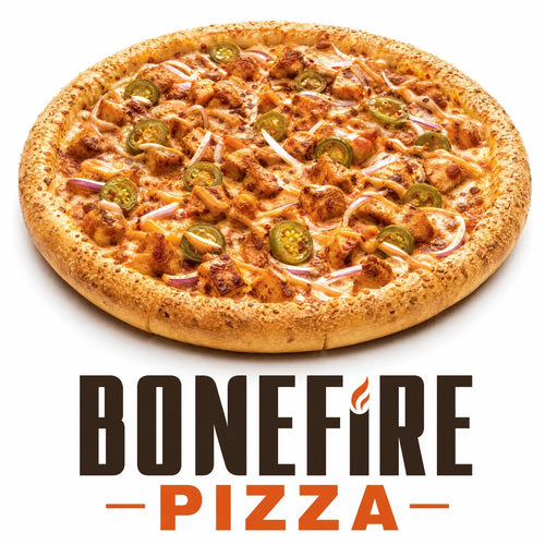 Freshly baked Bonefire Pizza topped with grilled chicken, mozzarella cheese, jalapeños, onions, spicy sauce, and herbs on a golden crispy crust.