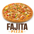 Freshly baked Fajita Pizza topped with marinated chicken, mozzarella cheese, red, green and yellow bell peppers, onions, and a golden crispy crust.