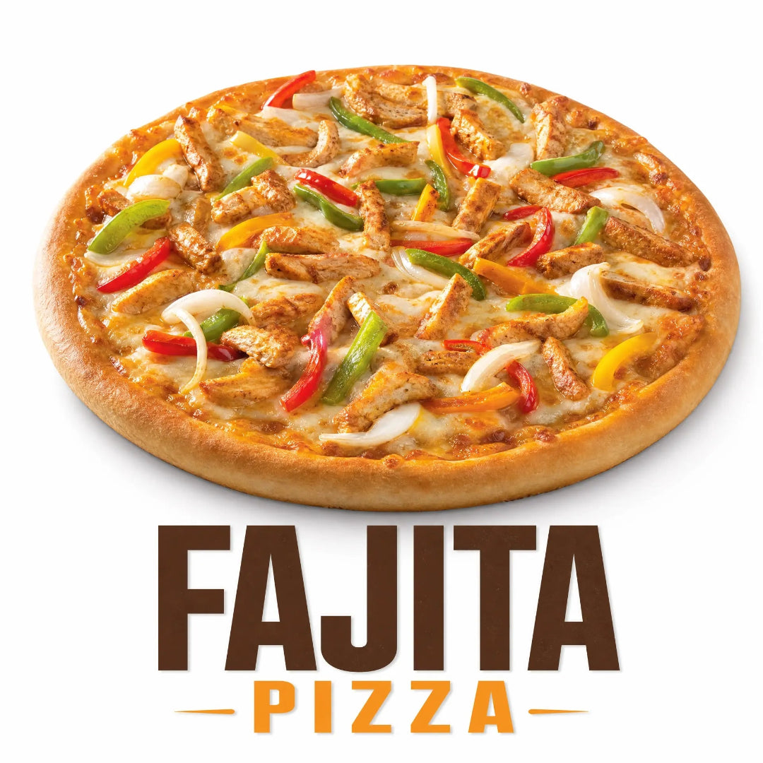 Freshly baked Fajita Pizza topped with marinated chicken, mozzarella cheese, red, green and yellow bell peppers, onions, and a golden crispy crust.