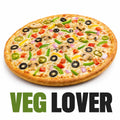 Veg Lover Pizza topped with mushrooms, bell peppers, onions, black olives, jalapeños, mozzarella cheese, and Italian herbs on a freshly baked crust
